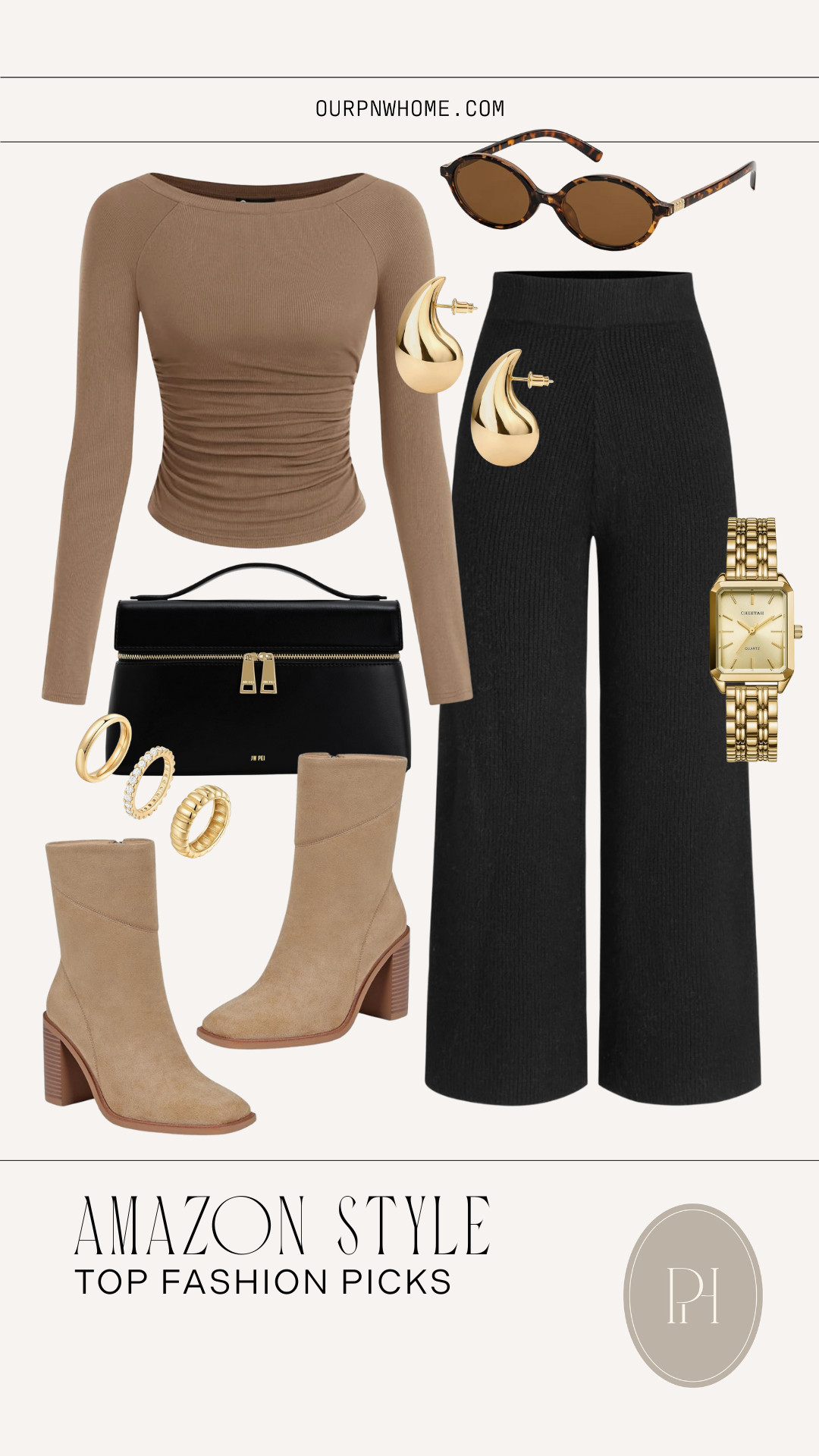 Loving this stylish look from Amazon!

Fall fashion, fall style, fall look, fall outfit, knit pants, loungewear pant, basic long sleeve top, tan top, brown top, long sleeve shirt, wardrobe basics, oval sunglasses, black handbag, stacking rings, gold rings, gold earrings, teardrop earrings, gold watch, tan boots, mid-calf boots, high heel boots, fall shoes, fall boots, fall footwear, gold jewelry  

 #LTKStyleTip #LTKShoeCrush #LTKItBag