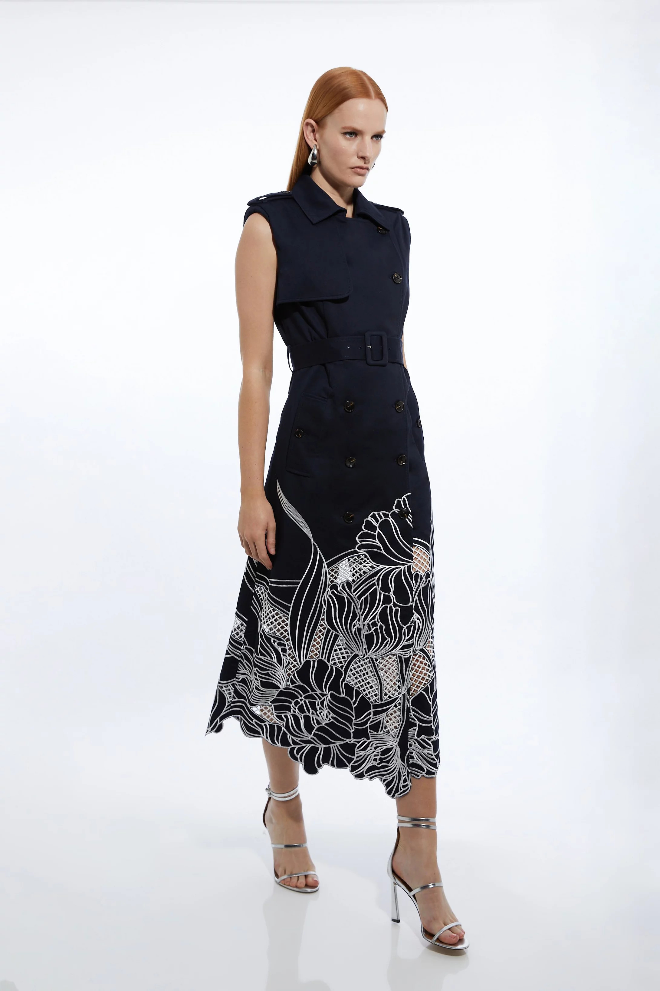 Tailored Cotton Cutwork Embroidered Belted Trench Style Midaxi Dress | Karen Millen US
