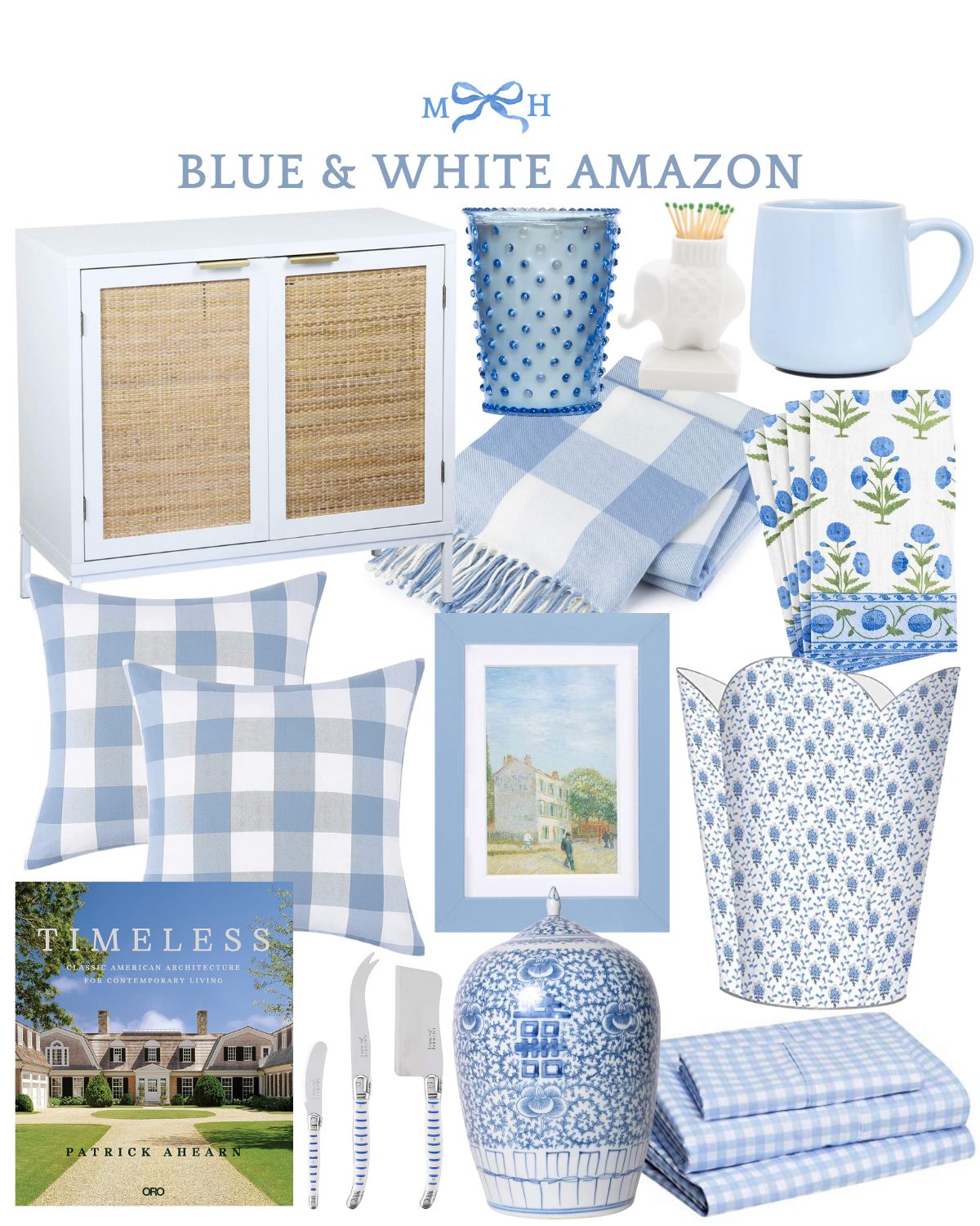 preppy classic timeless home decor decorating home blue and white furniture gingham block print | Amazon (US)