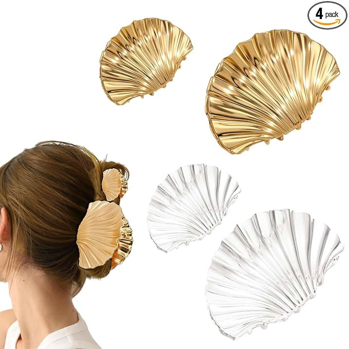 4 PCS Shell Hair Clip, Large & Small Seashell Claw Clip, Gold & Silver Hair Accessories | Amazon (US)