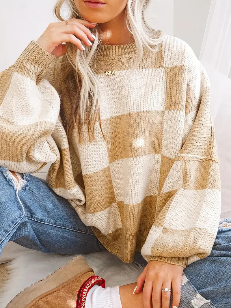 Plaid Pattern Knit Sweater Casual Long Sleeve Drop Shoulder - Temu | Temu Affiliate Program