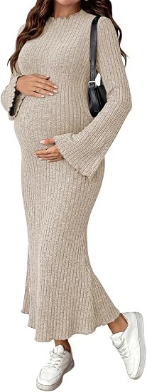 BLENCOT Maternity Dresses Bell Sleeve Pregnancy Bodycon Sweater Dress | Ribbed Ruffle Neck Bodyco... | Amazon (US)