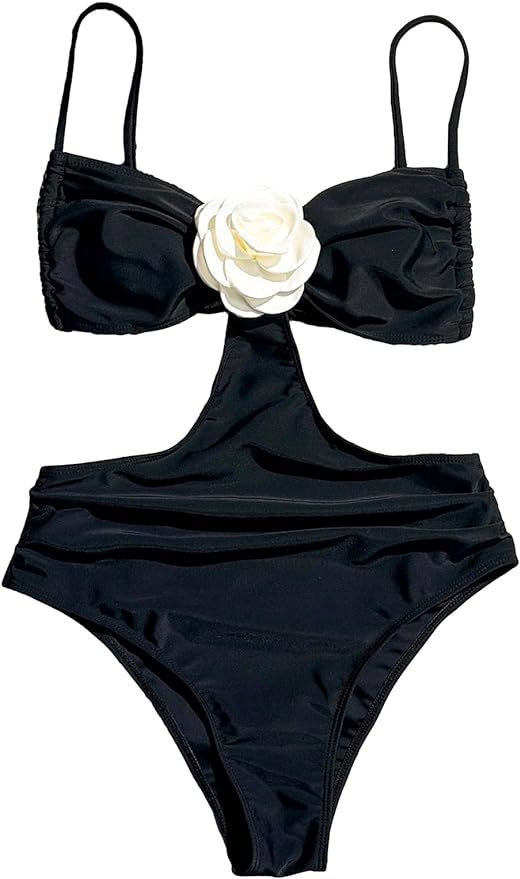 SHENHE Women's Cut Out One Piece Flower Swimsuit Spaghetti Strap Sexy Tie Back Bathing Suit | Amazon (US)