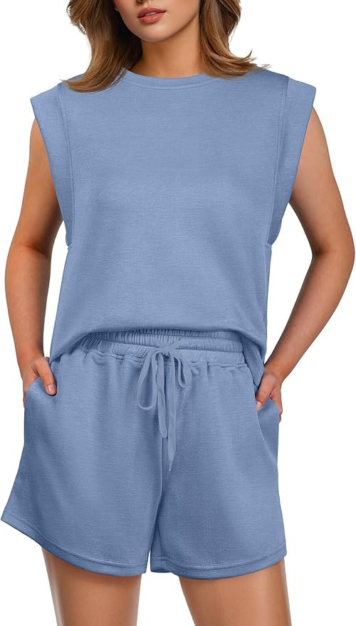 GRECERELLE 2025 Women's Summer 2 Piece Outfits Round Neck Cap Sleeve Top with Pocket Short Sets | Amazon (US)