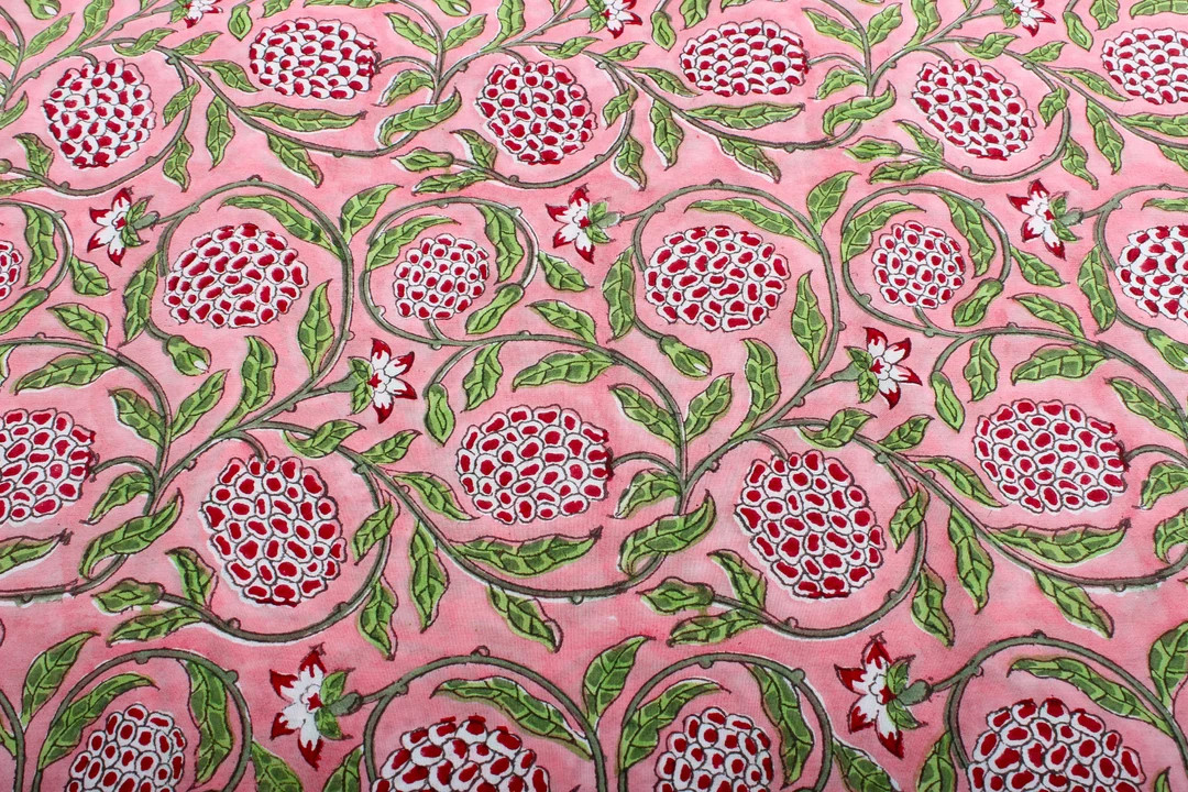 Fabric by Yard Strawberry Pink, Green, and Red Indian Floral Block Printed Cotton Cloth for Gift ... | Etsy (US)