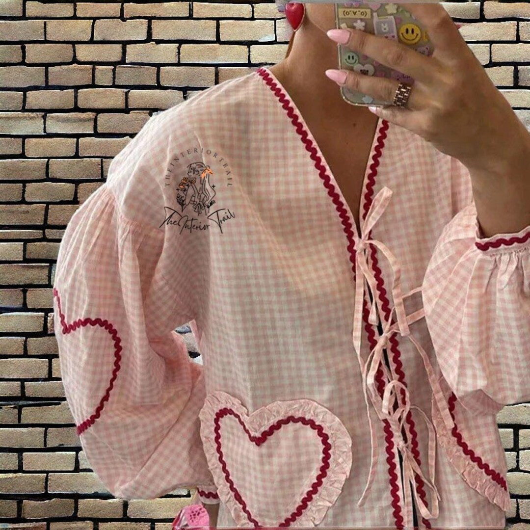 Plaid Bow Lace up Heart Pockets Shirt Women Pink Stripe Blue Long Puff Sleeve V-neck Casual Blous... | Etsy (US)
