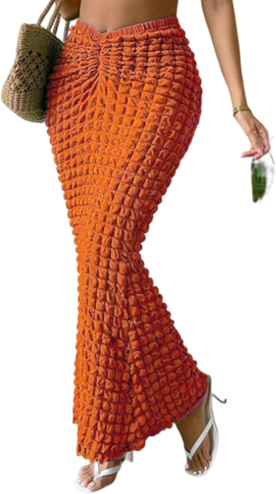 Elegante falda casual de cintura alta plisada con textura de cola de pez, maxi faldas para playa,... | Amazon (US)