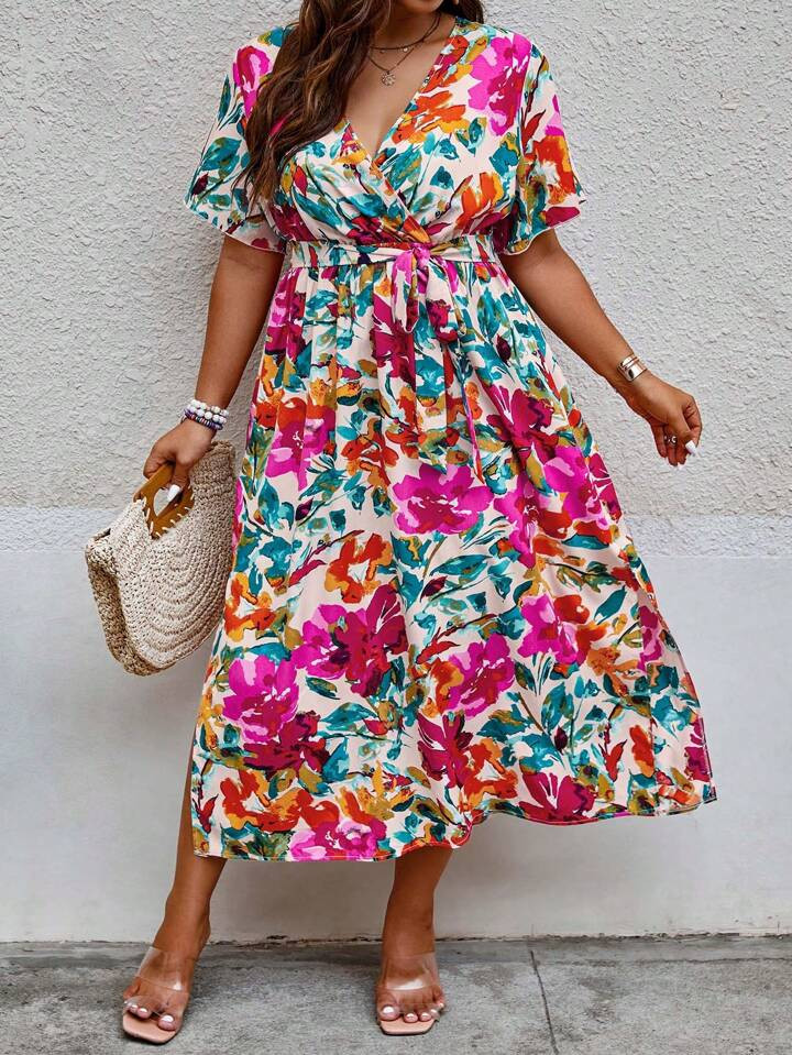 SHEIN EZwear Plus Allover Floral Print Butterfly Sleeve Belted Dress | SHEIN
