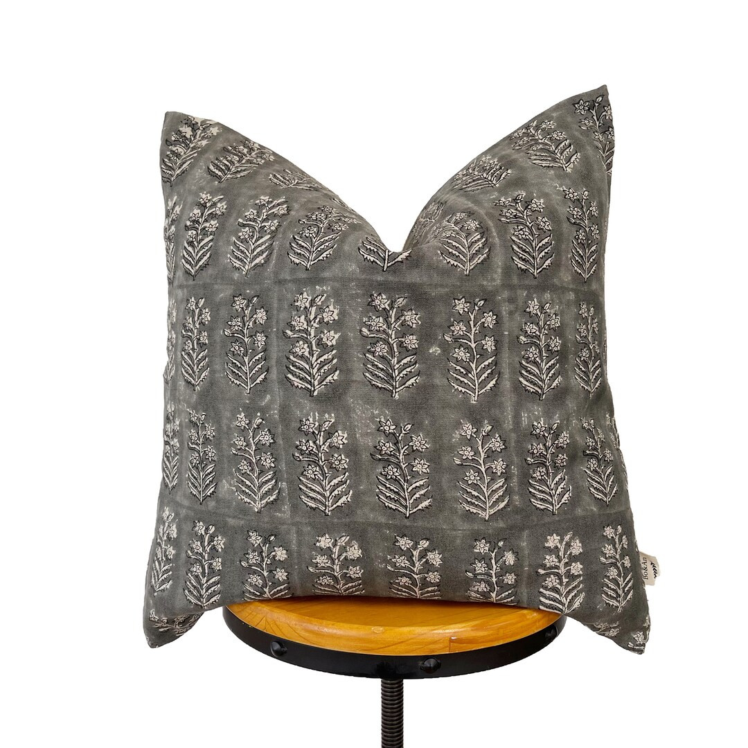 Block Print Linen Pillow, Gray and Natural Linen Floral Pillow Cover - Etsy | Etsy (US)