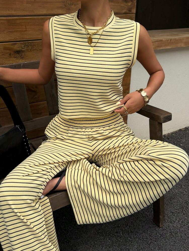 Muchica 2PCS Women's Yellow Striped Loose Round Neck Sleeveless Vest And Elastic Waist Pants,Summer Casual Vacation Set,Spring Imitation Sweater Home Wear | SHEIN