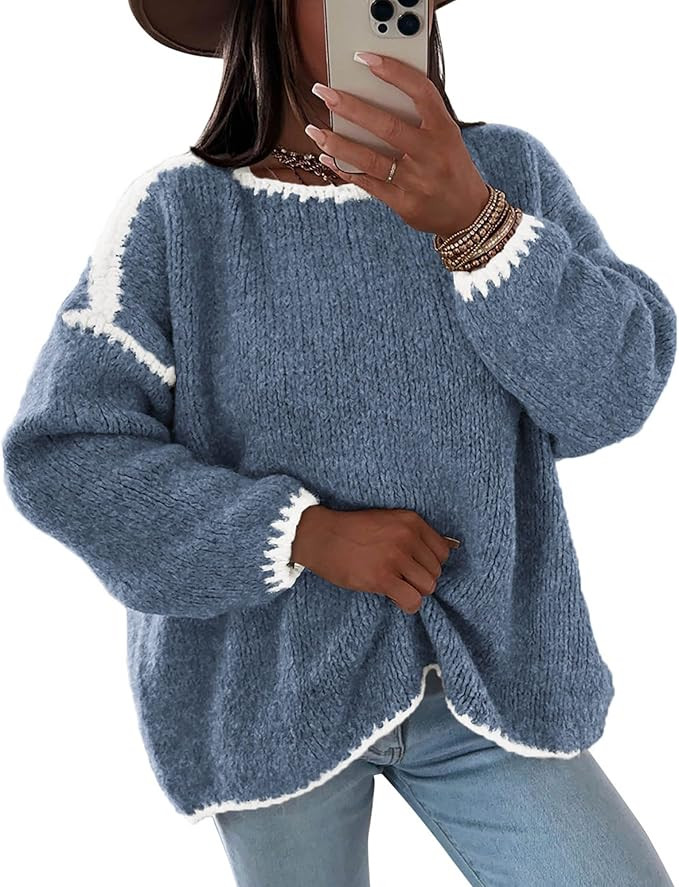 KIRUNDO Womens Sweaters 2026 Fall Oversized Long Sleeve Chunky Knit Crew Neck Contrast Stitching ... | Amazon (US)