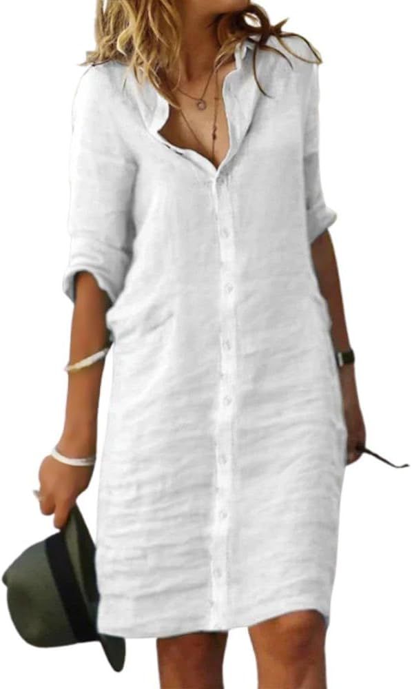 Fronage Women's Casual Cotton Linen Shirt Dress Button Down 1/2 Long Sleeve Lapel V Neck Summer M... | Amazon (US)