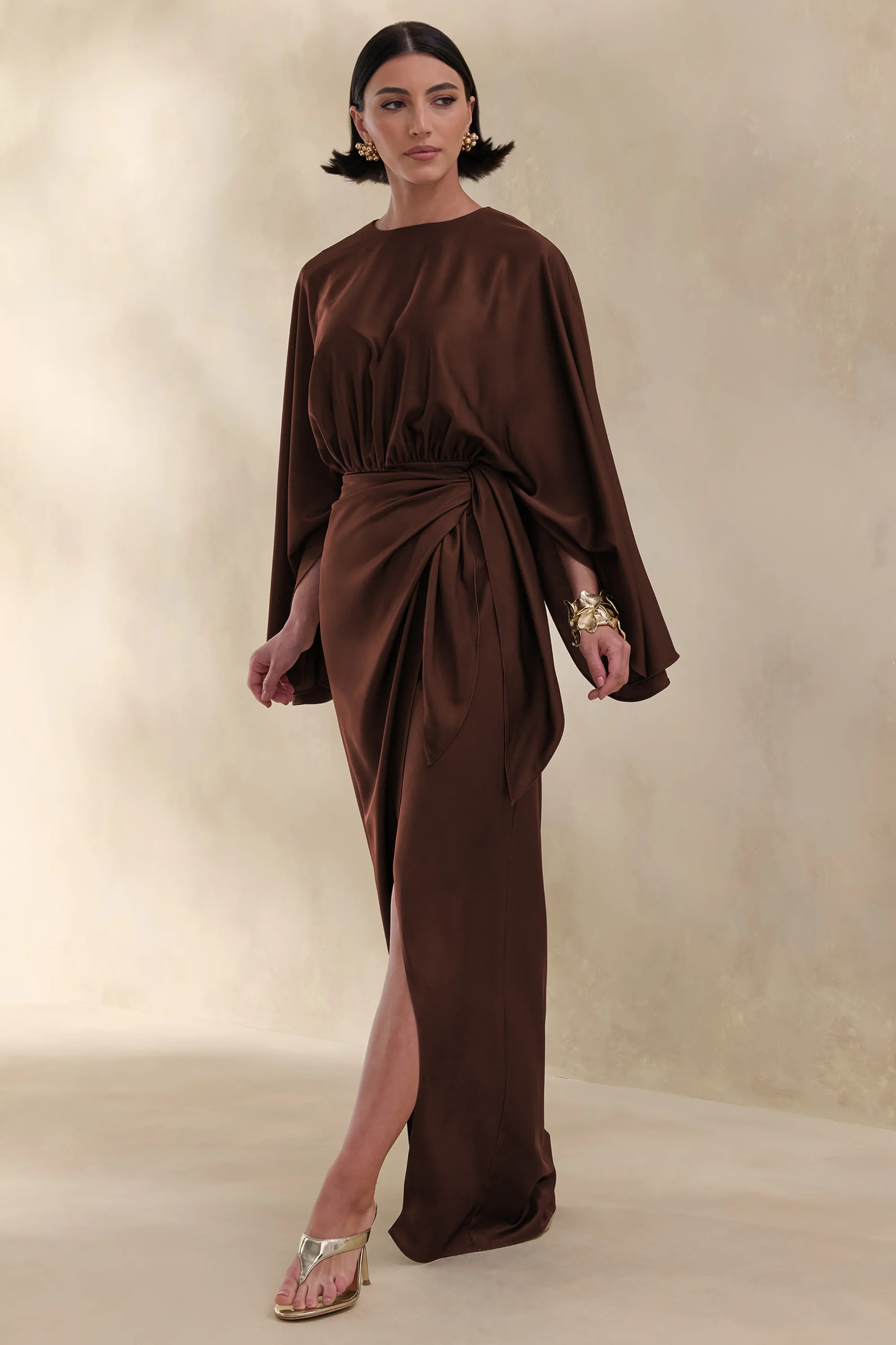 Delphina | Brown Satin Maxi Dress With Gathered And Knot-Detail | Club L London