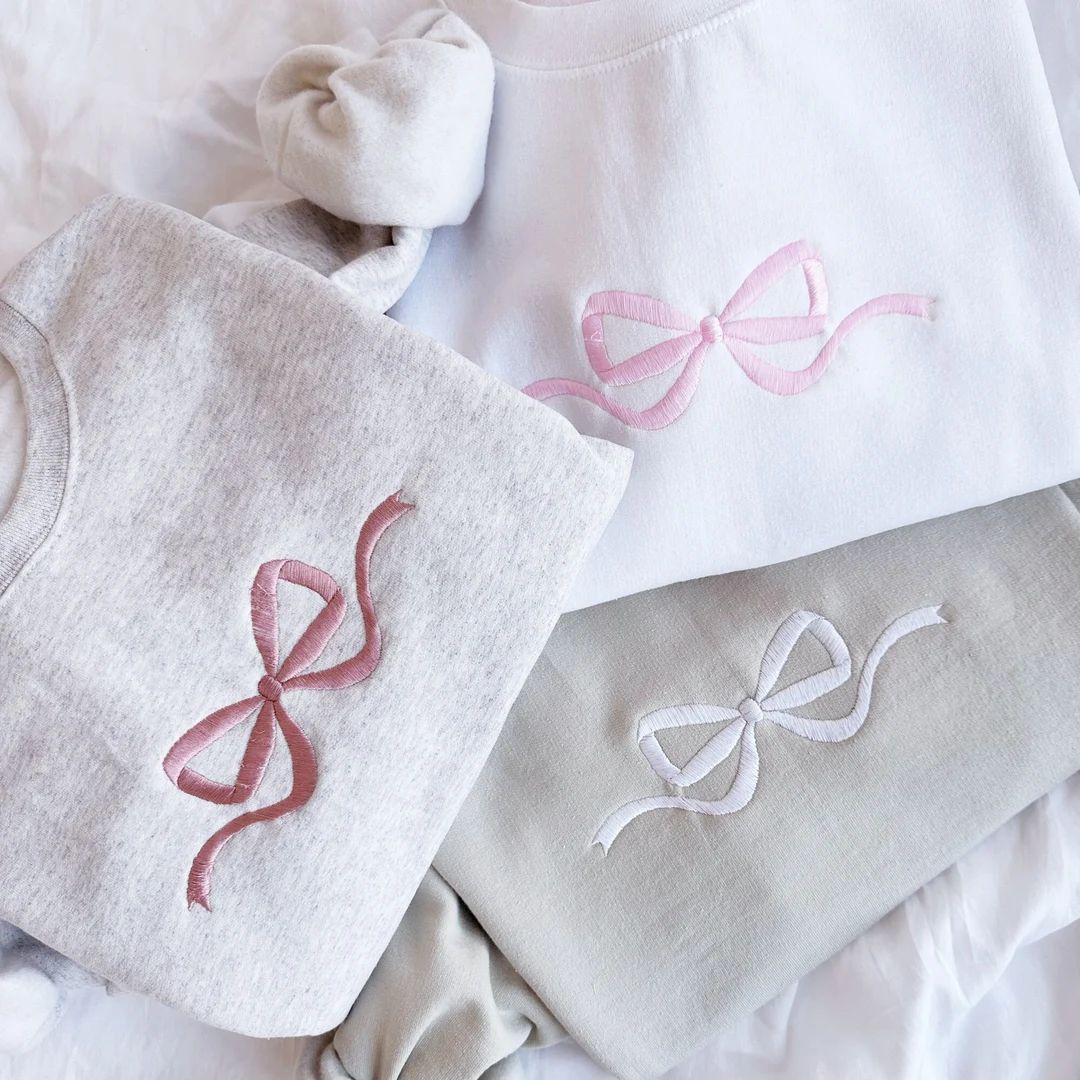 Cute Bow Embroidered Gemma Sweatshirt Dainty Bow Sweatshirt Embroidered Bow Ribbon Trendy Sweatsh... | Etsy (US)