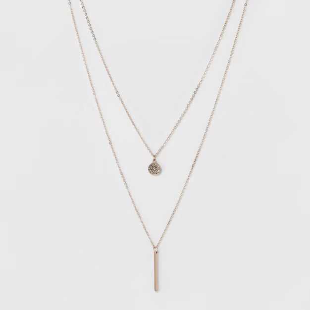 Pave Circle and Thin Bar Two Row Short Necklace - A New Day™ Rose Gold/Clear | Target