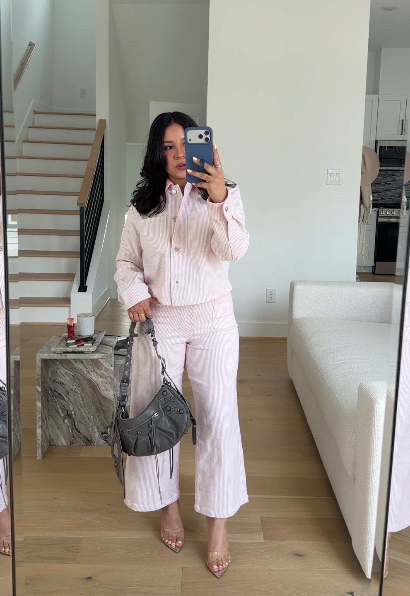 Jacket: xs 
Pants: 0 
Grey bag 
Clear heels: 7 

#LTKgrwm #LTKSaleAlert #LTKootd