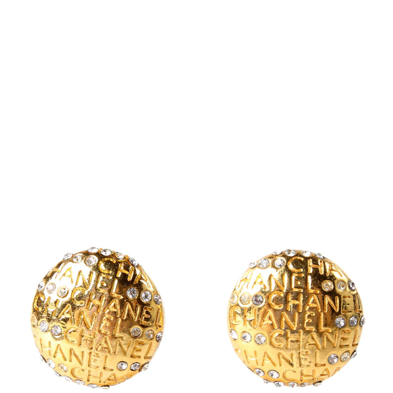 Logo Round Crystal Clip-On Vintage Earrings Gold | Keeks Designer Handbags