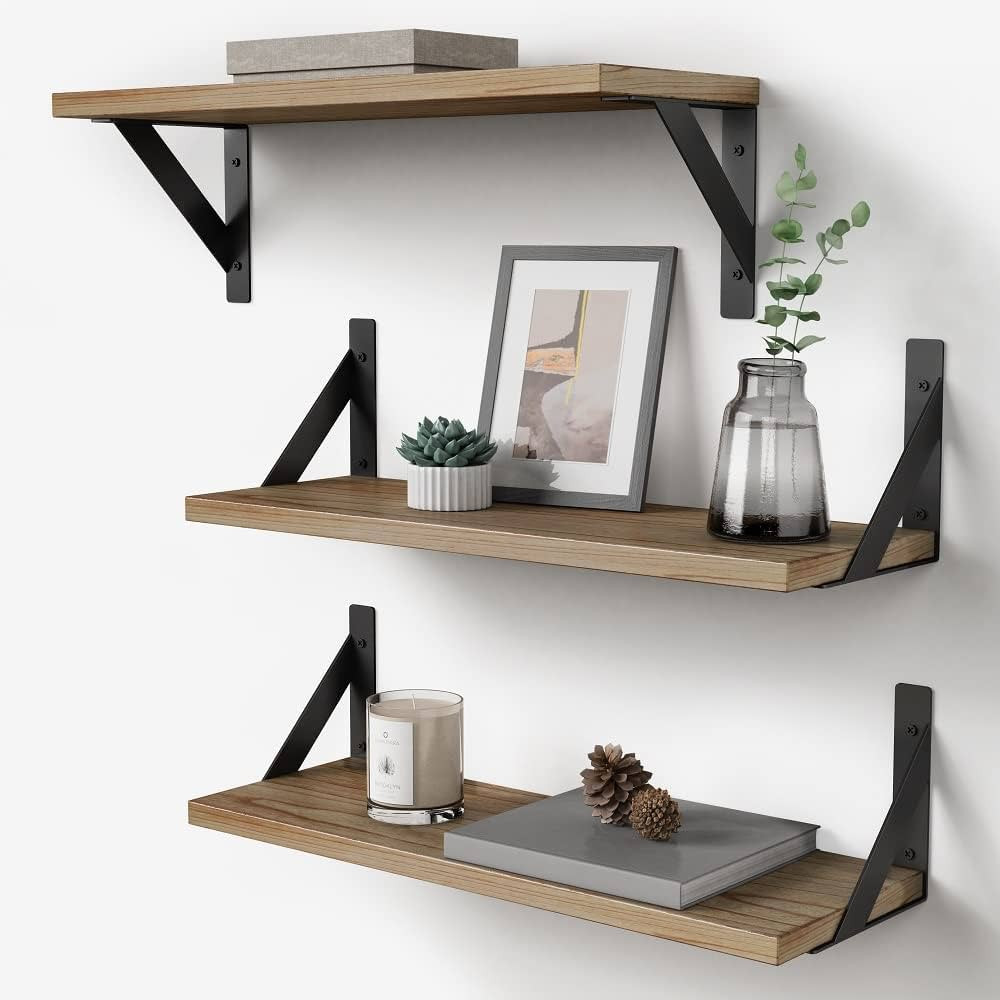 Floating Shelves with Black Metal Brackets Set of 3, Light Wood Wall Bookshelf for Bedroom Over D... | Amazon (US)