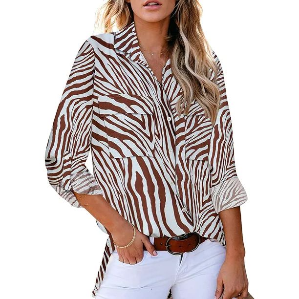 Borke Women Button Down Snake Print 3 4 Tab Sleeve Tunic Blouse Tops Shirts - Walmart.com | Walmart (US)
