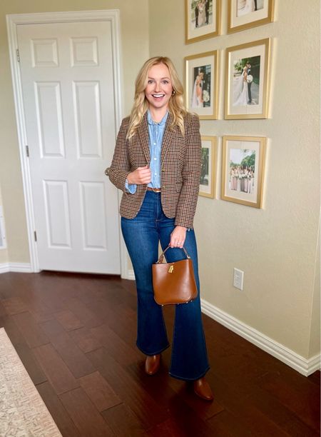 Wearing a 26S in denim and 2P in blazer- I would size up one in blazer for a roomier fit! | plaid blazer, winter outfit, flare jeans, chambray shirt, casual winter outfit 

#LTKfindsunder100 #LTKstyletip #LTKSeasonal