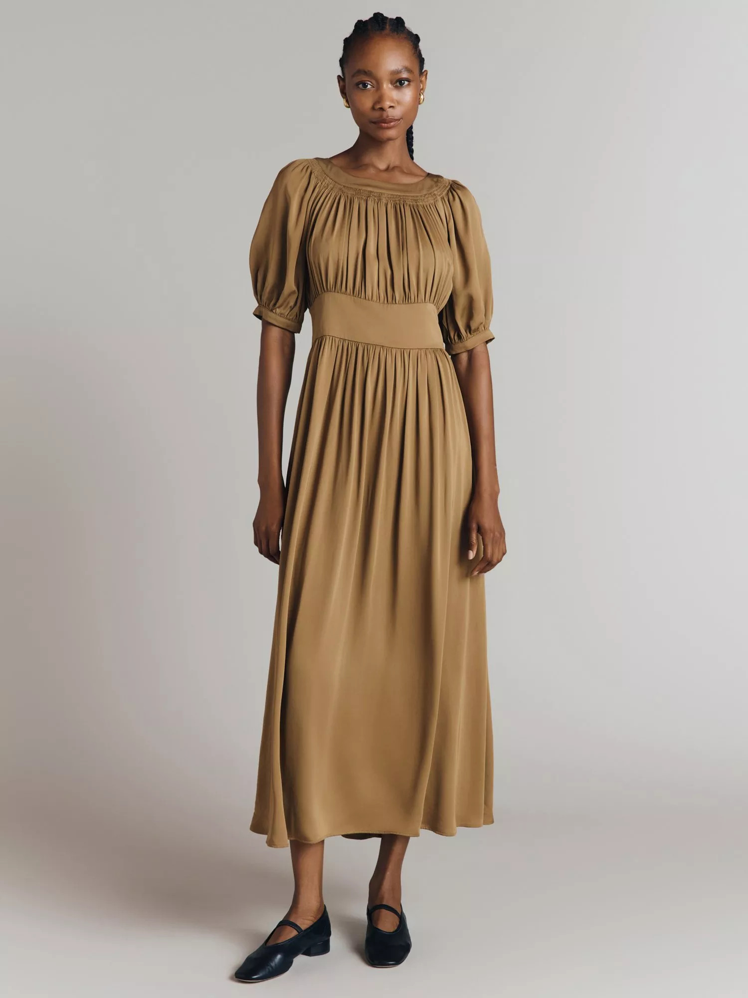 GhostAnouk Shirred Midi Dress, Ochre | John Lewis (UK)