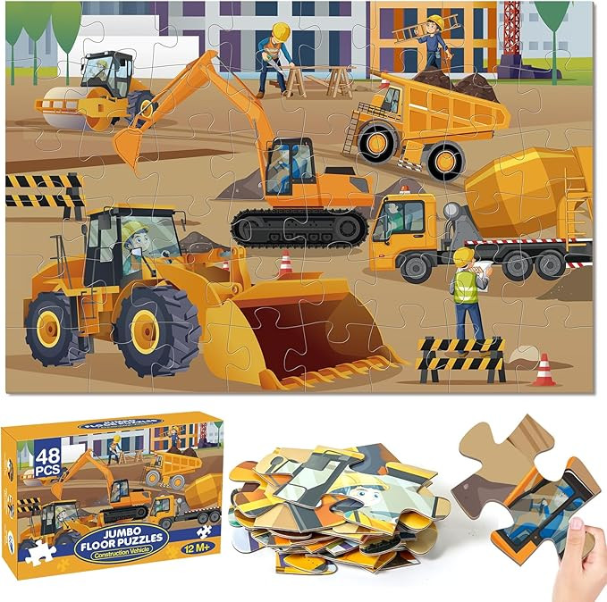 Jumbo Floor Puzzle for Kids, 48 Piece Large Construction Vehicle Jigsaw Puzzles for 3 4 5, Toddle... | Amazon (US)