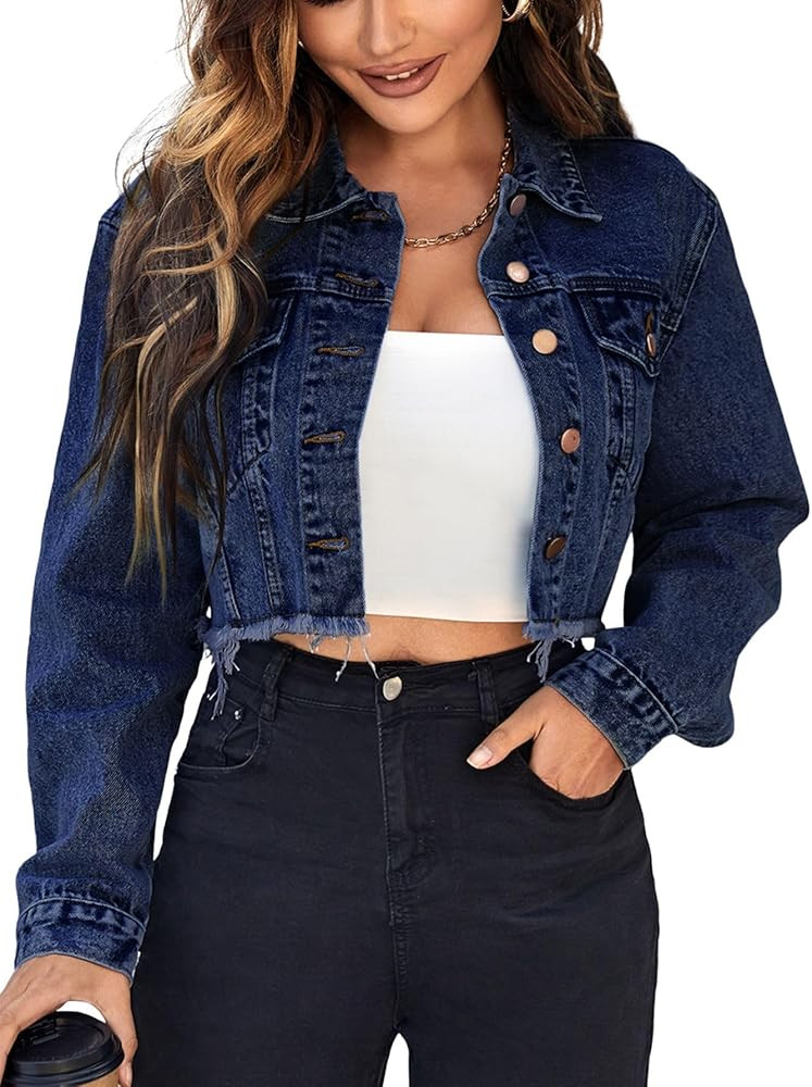 Floerns Women's Raw Hem Long Sleeve Button Down Pocket Cropped Denim Jean Jacket | Amazon (US)
