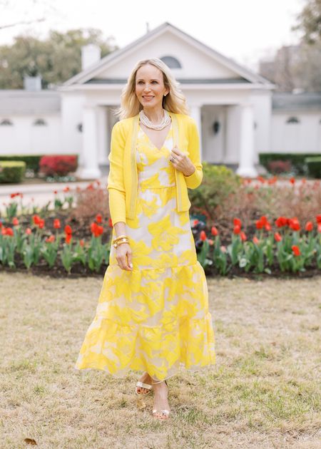 Head turning yellow floral metallic maxi dress with yellow embellished sweater. Wear this all spring and summer for your dressy events or throw on some sandals for daytime.
Code: MEGAN20

Wedding Guest Dress, yellow dress, cocktail dress, floral dress, wedding, spring fashion, spring dress

#LTKover40 #LTKstyletip #LTKwedding