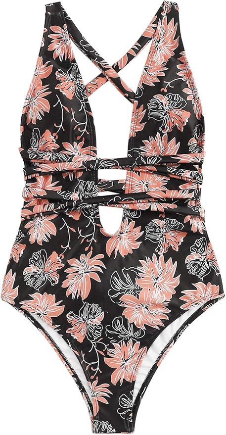 SweatyRocks Women's Sexy Basic Criss Cross Tie Knot Front Deep V Open Back One Piece Swimwear | Amazon (US)