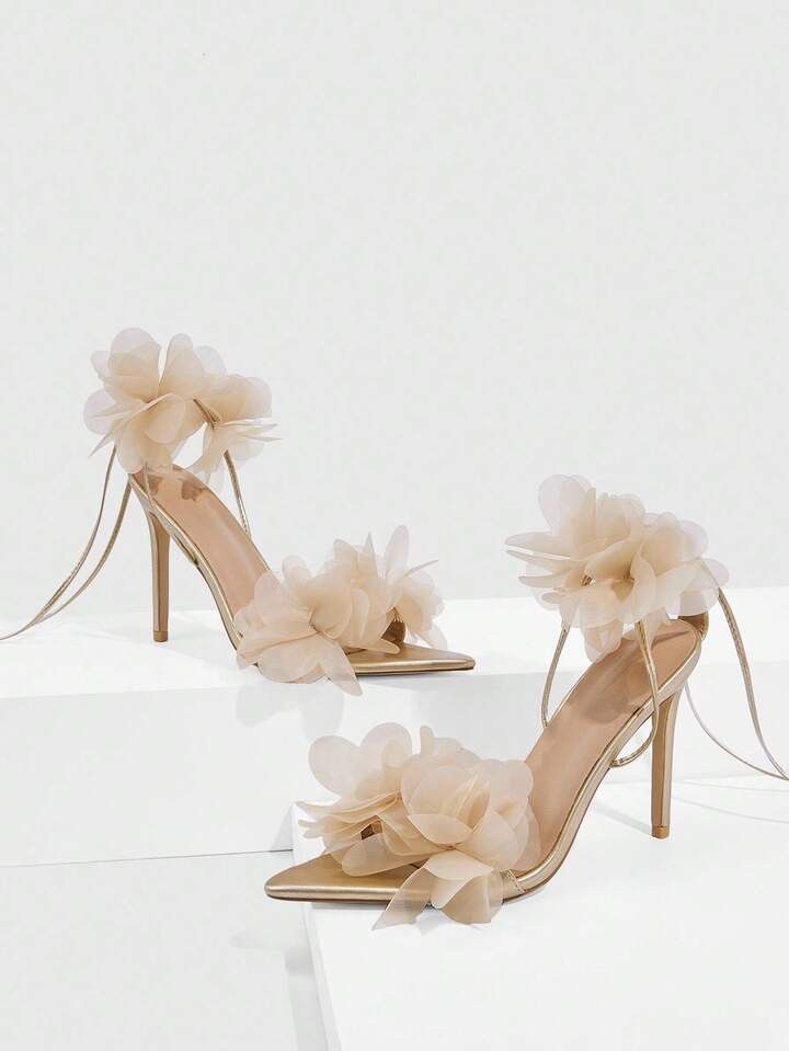 CUCCOO SZL Women's Pointed Toe 3D Floral Decor Elegant High Heel Sandals | SHEIN