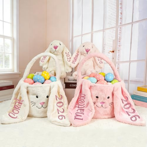 Personalized Easter Baskets for Kids, Custom Embroidered Bunny Basket with Name, Easter Gift Decor for Baby Boys Girls，Easter Eggs Hunt Basket with Long Plush Ear | Amazon (US)