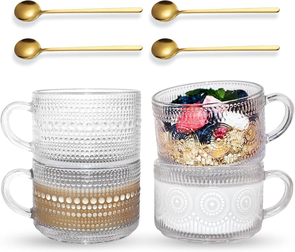 Anbanglin 4Set Vintage Coffee Mugs, Glass Cups with Spoons, 14OZ Elegant Embossed Tea Cups, Glass... | Amazon (US)