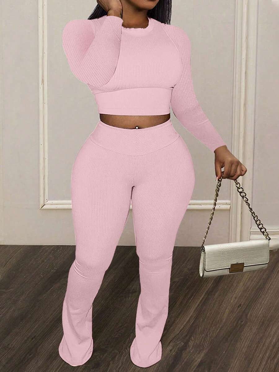 Slaydiva Plus Size Casual Slim Fit Solid Color Short Round Neck Long Sleeve Top And High-Waisted ... | SHEIN