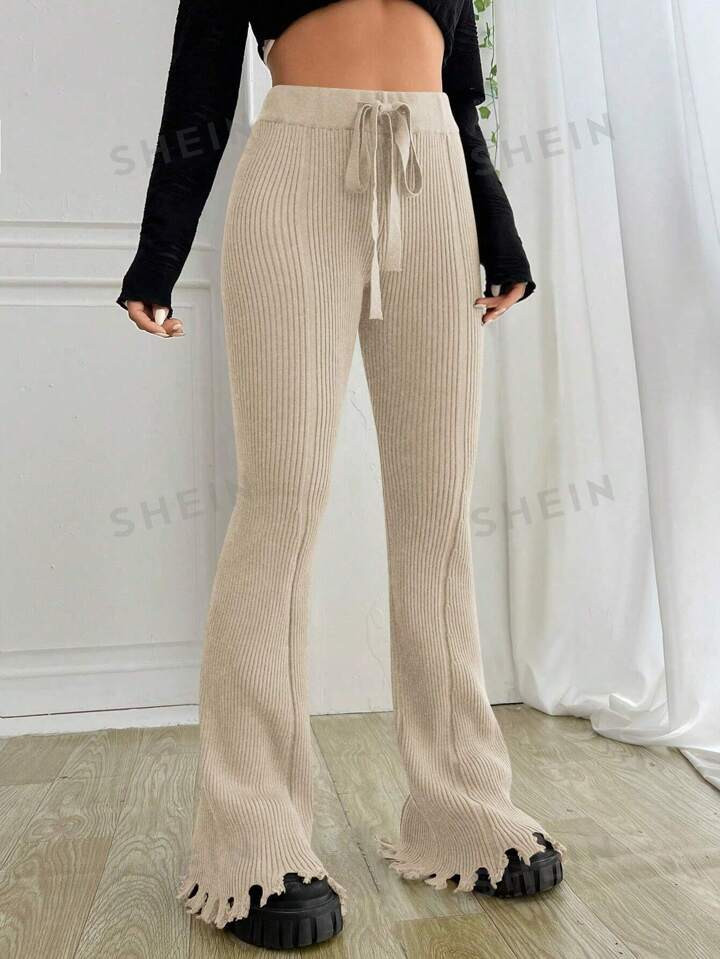 SHEIN EZwear Drawstring Waist Raw Hem Flare Leg Knit Pants | SHEIN