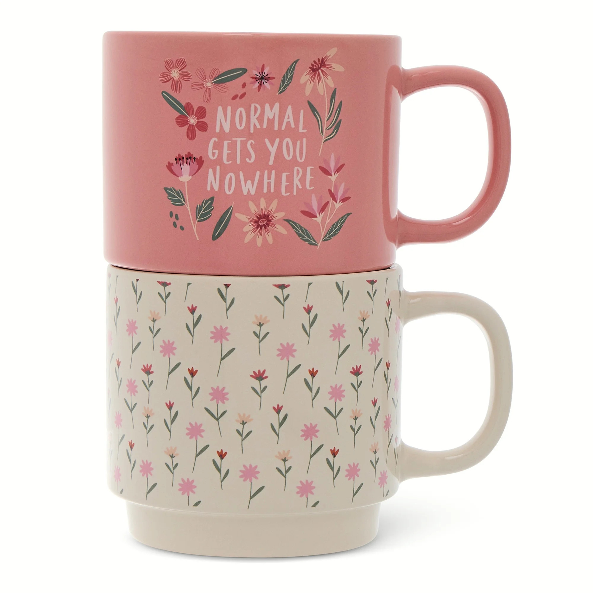 Thyme & Table 14.2 fl oz Floral Pink and White Stoneware Stacking Mugs, Set of 2 | Walmart (US)