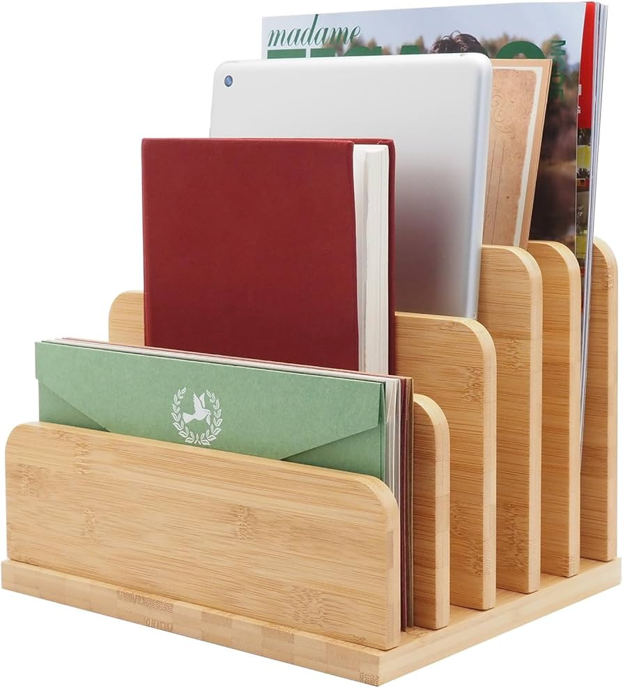 Desk File Mail Organizer Countertop, 5 Slots Bamboo Folder Sorter Organizer Holder for Letter, En... | Amazon (US)