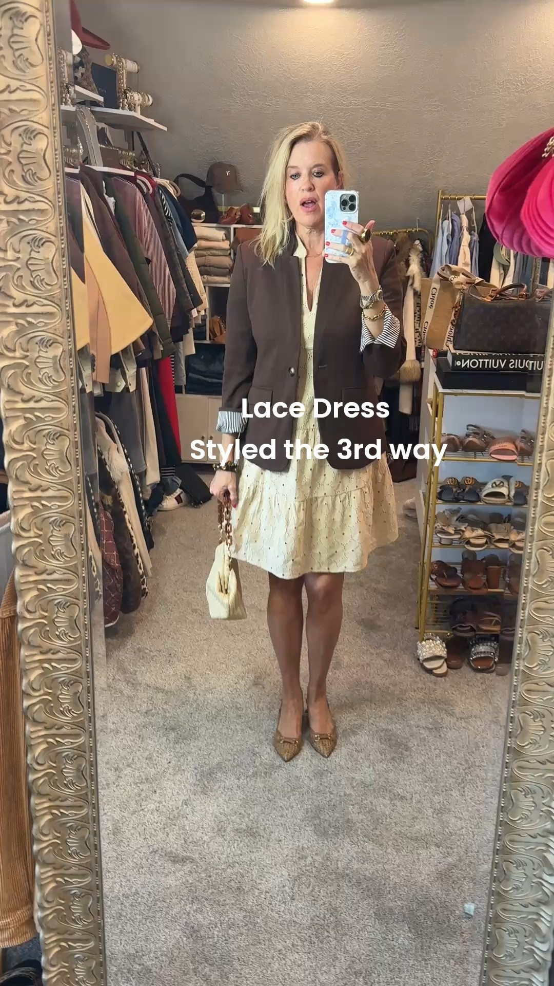3 ways to style

3rd way to style  this cute lace tired dress,, comes in several colors and is fully lined 

Styled with a gondola notch blazer still on sale at Nordstrom 

Easy spirit shoes 
Comfy and a low kitten heal 

Straw clutch bag with removable chain
This tortoiseshell chain is an affordable find sold separately