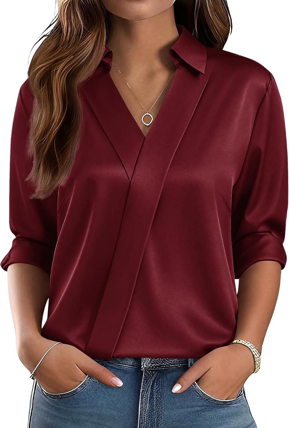 LOMON Long Sleeve Shirts for Women Dressy V Neck Satin Blouses Silk Tops | Amazon (US)