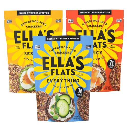 ELLA’S FLATS® All Seed Savory Crisp One of each SESAME, EVERYTHING and SPICY – Gluten Free, Sugar Free, High Fiber Chip, Low Carb Snack, Keto Cracker, Vegan, Paleo (Variety Tasty Pack, 4.8 Ounce (Pack of 3) | Amazon (US)