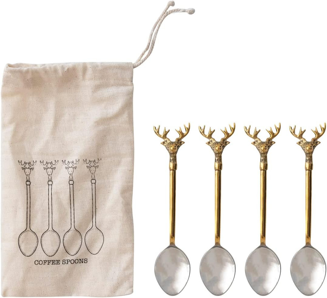 Creative Co-Op Stainless Steel and Brass Spoons with Gold Finish Reindeer Handles, Set of 4 in Printed Drawstring Bag | Amazon (US)