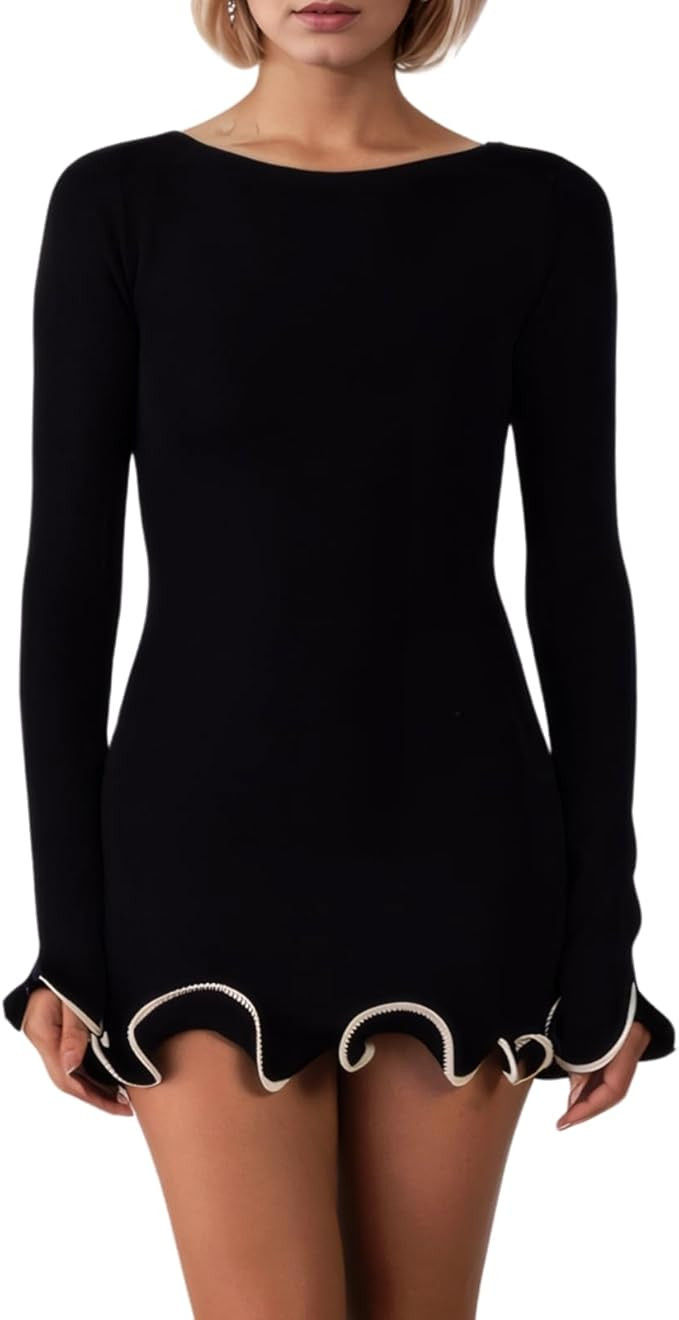 Women Elegant Ruffle Hem Knit Mini Dress Long Sleeve Contrast Color Patchwork Bodycon Short Sweat... | Amazon (US)