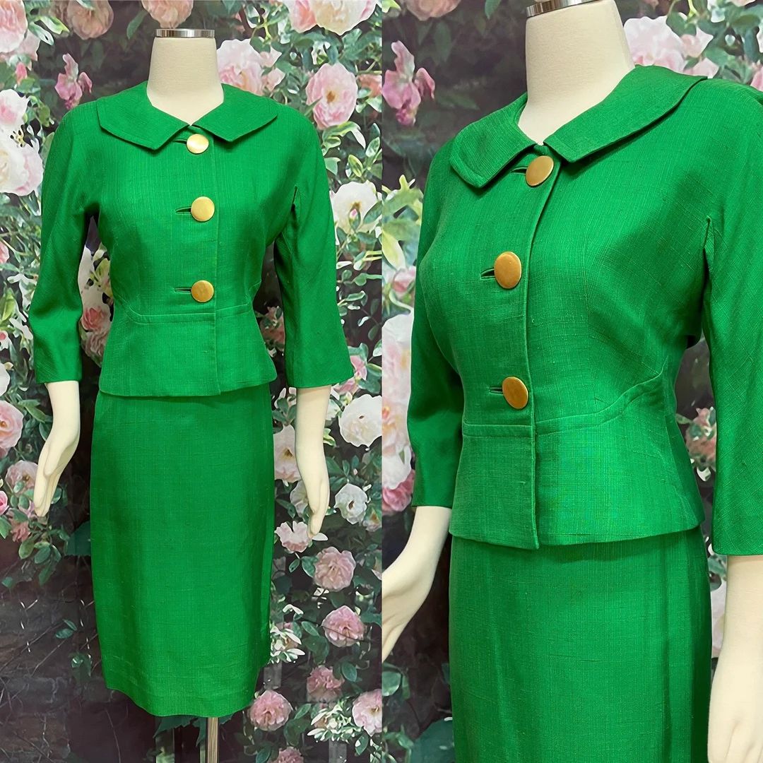 60s Harrods California Mod Green Silk Skirt Suit Jacket - Etsy | Etsy (US)