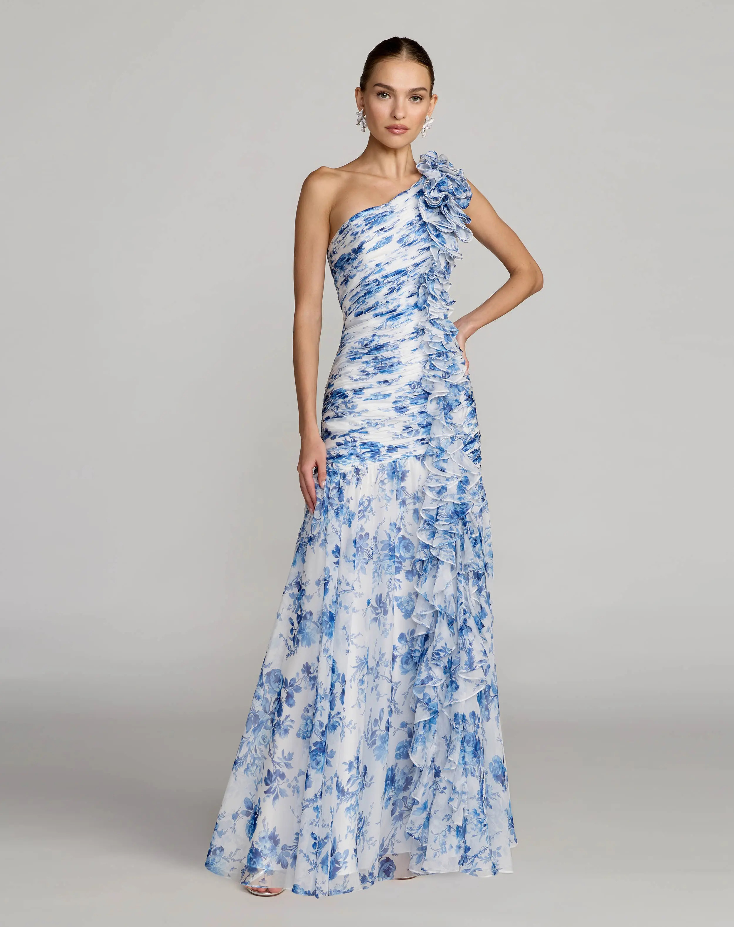 Blue Ruched Floral Chiffon Gown With 3D Ruffles | Mac Duggal | Mac Duggal