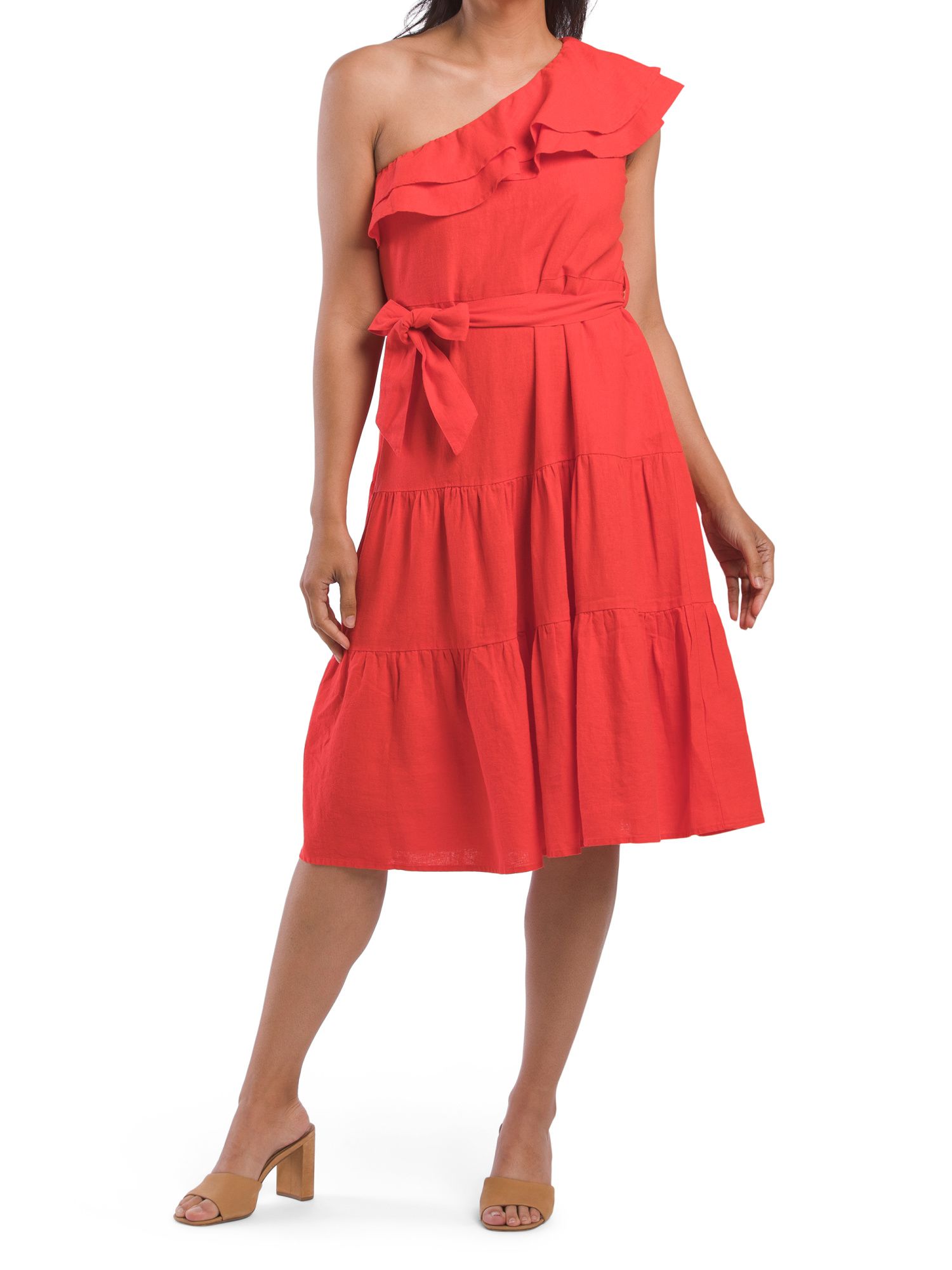 One Shoulder Ruffle Linen Blend Dress | TJ Maxx