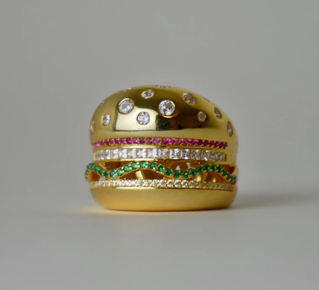 18K Yellow Gold Plated Hamburger or Veggie Burger Ring | Etsy (US)