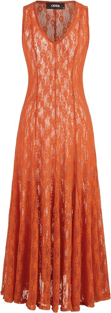 CIDER V-Neck Lace Floral Ruffle Hem Maxi Dress | Amazon (US)