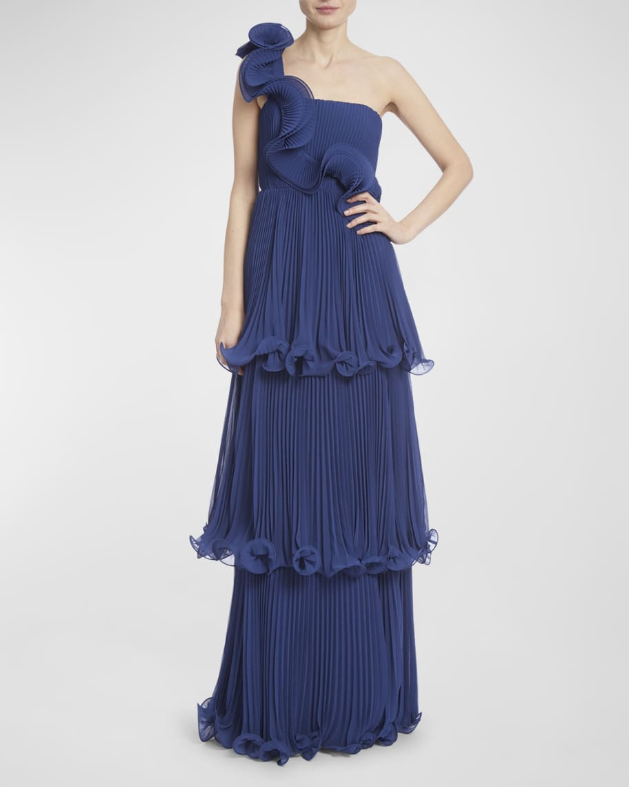 Badgley Mischka Collection Pleated Ruffle Tiered One-Shoulder Gown | Neiman Marcus