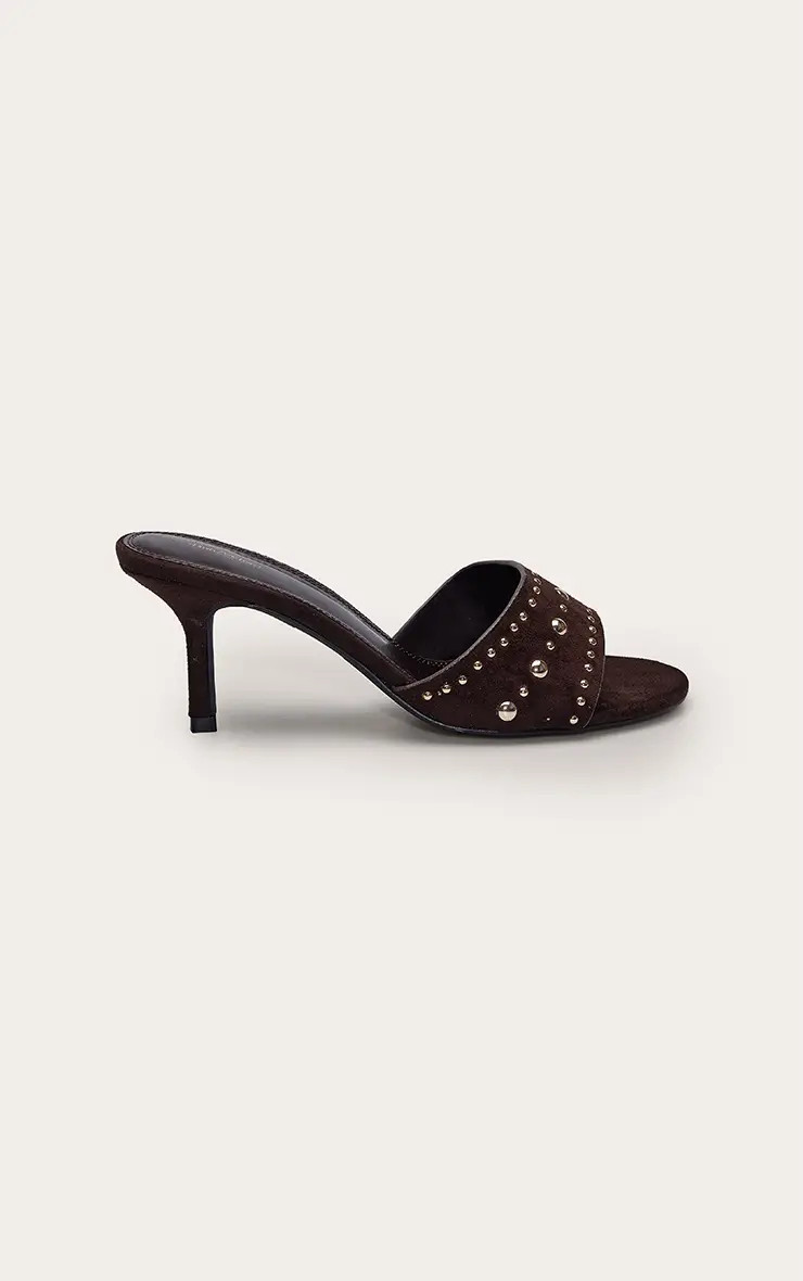 Chocolate Faux Suede Studded Kitten Heel Mule | PrettyLittleThing UK