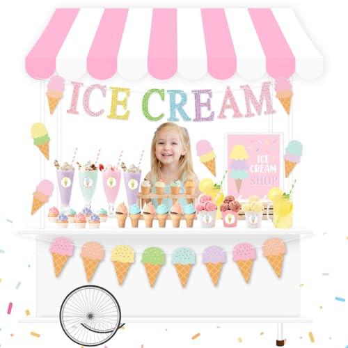 Ice Cream Party Stand Decor Kit, Summer Sundae Playstand Play Shop ICE CREAM Banner Waterproof Canopy Table Sign Cups Tag Stickers, DIY Ice Cream Themed Party Shop Cart, Girls Boys Role Play | Amazon (US)