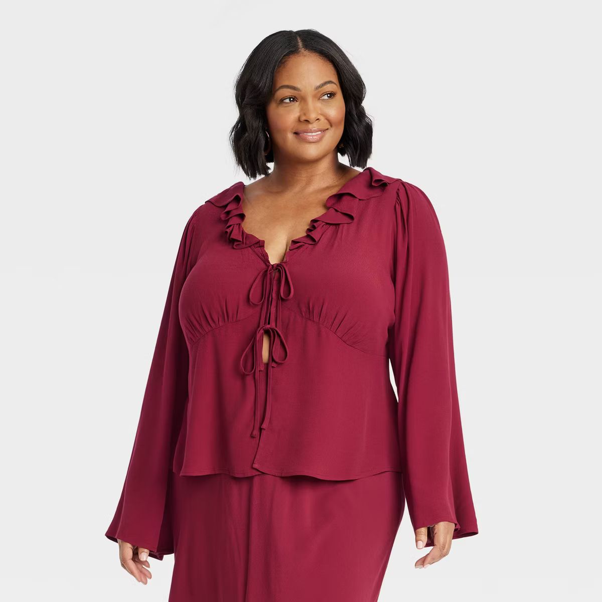 Women's Long Sleeve Tie-Front Ruffle Top - Ava & Viv™ Burgundy | Target